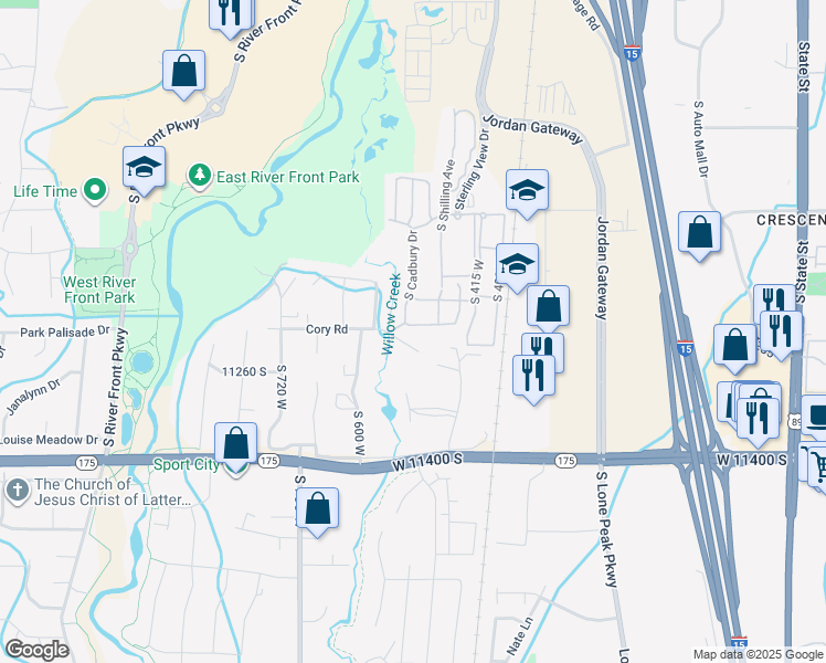 map of restaurants, bars, coffee shops, grocery stores, and more near 517 Aspen Peak Drive in South Jordan