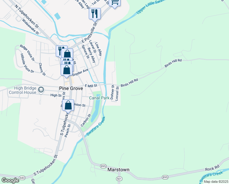 map of restaurants, bars, coffee shops, grocery stores, and more near 9 Locust Street in Pine Grove
