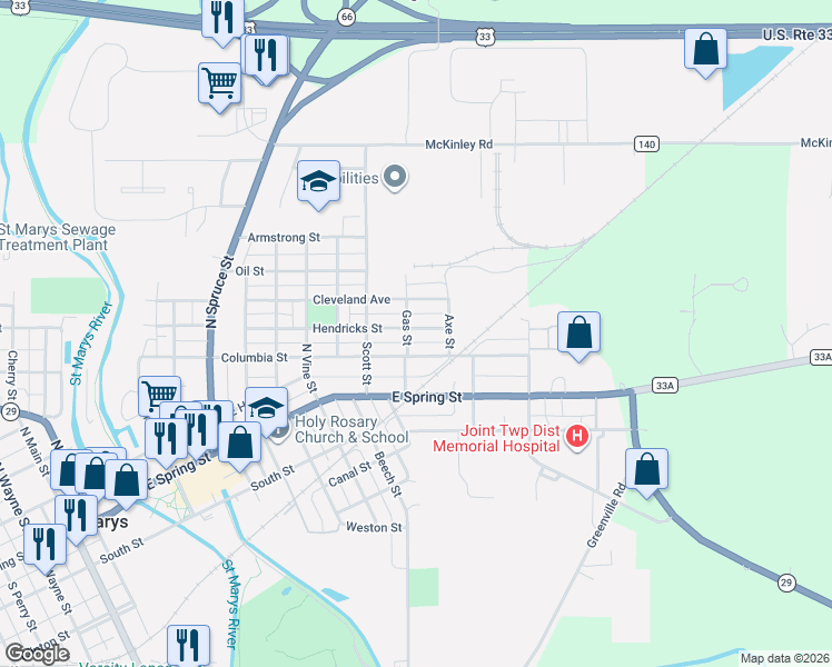 map of restaurants, bars, coffee shops, grocery stores, and more near 1021 Hendricks Avenue in Saint Marys