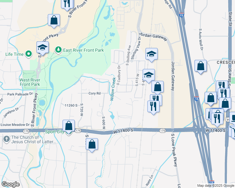 map of restaurants, bars, coffee shops, grocery stores, and more near 517 Aspen Peak Drive in South Jordan