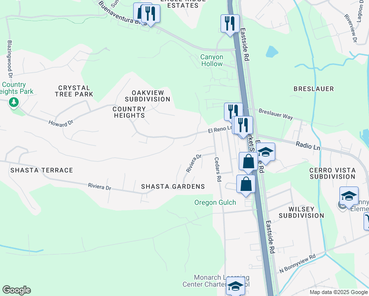 map of restaurants, bars, coffee shops, grocery stores, and more near 1991 El Reno Lane in Redding