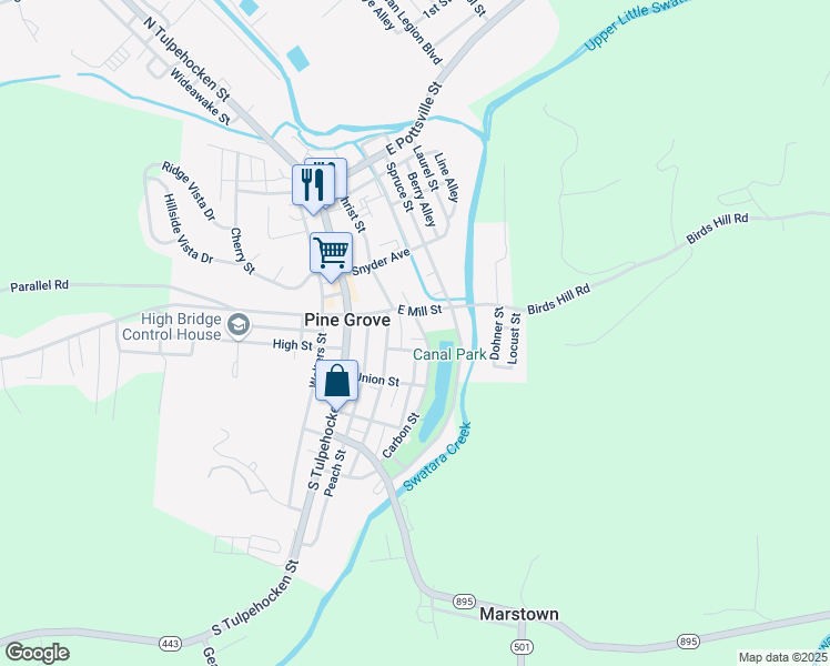map of restaurants, bars, coffee shops, grocery stores, and more near 20 Carbon Street in Pine Grove