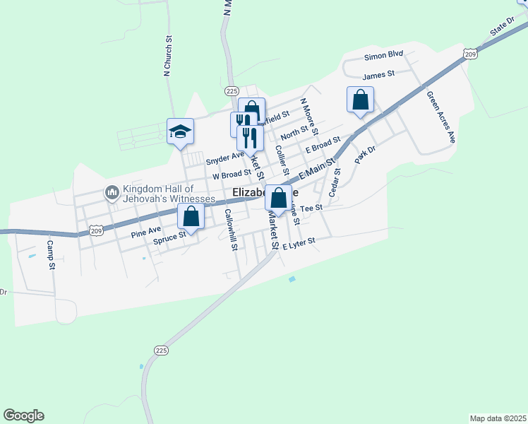 map of restaurants, bars, coffee shops, grocery stores, and more near 34S South Market Street in Elizabethville