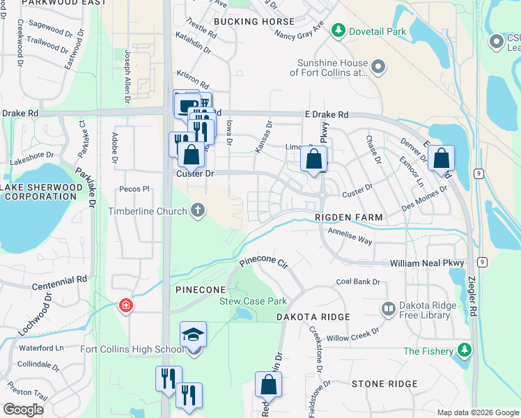 map of restaurants, bars, coffee shops, grocery stores, and more near 2862 Kansas Drive in Fort Collins