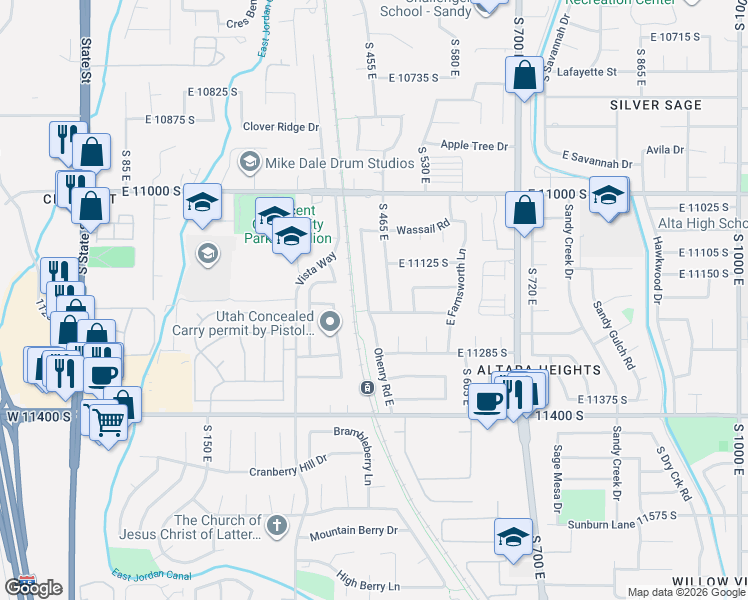 map of restaurants, bars, coffee shops, grocery stores, and more near 11189 Ohenry Road East in Sandy