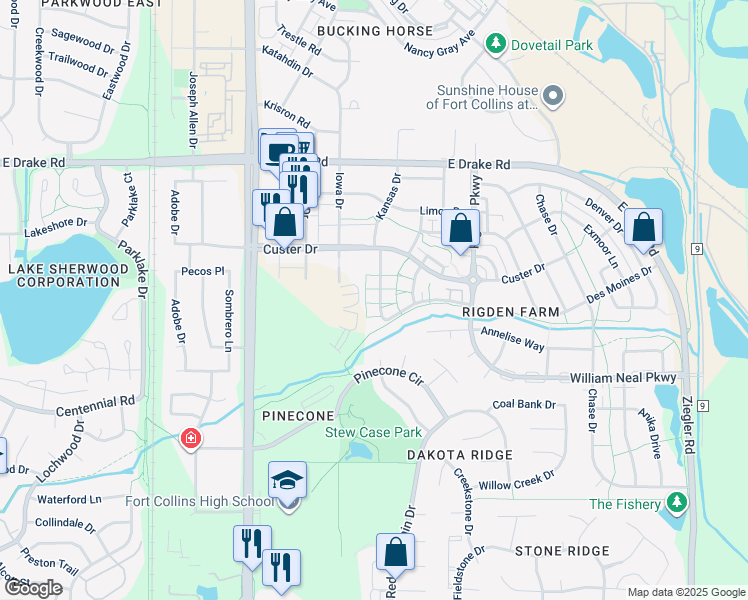 map of restaurants, bars, coffee shops, grocery stores, and more near 2863 Kansas Drive in Fort Collins