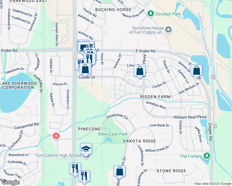 map of restaurants, bars, coffee shops, grocery stores, and more near 2862 Kansas Drive in Fort Collins