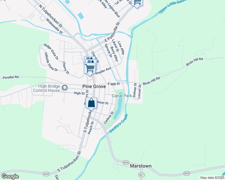 map of restaurants, bars, coffee shops, grocery stores, and more near 20 Carbon Street in Pine Grove