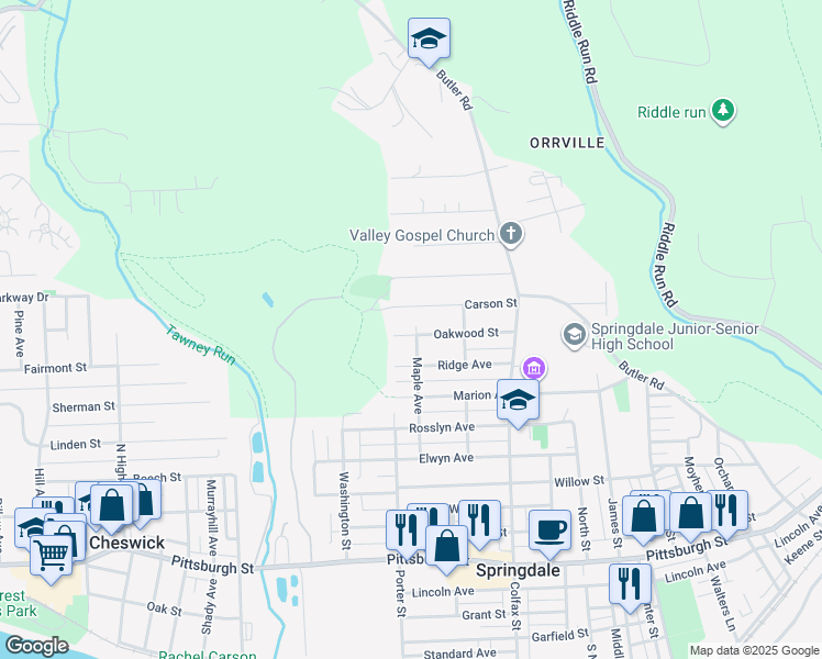 map of restaurants, bars, coffee shops, grocery stores, and more near 423 Oakwood Street in Springdale