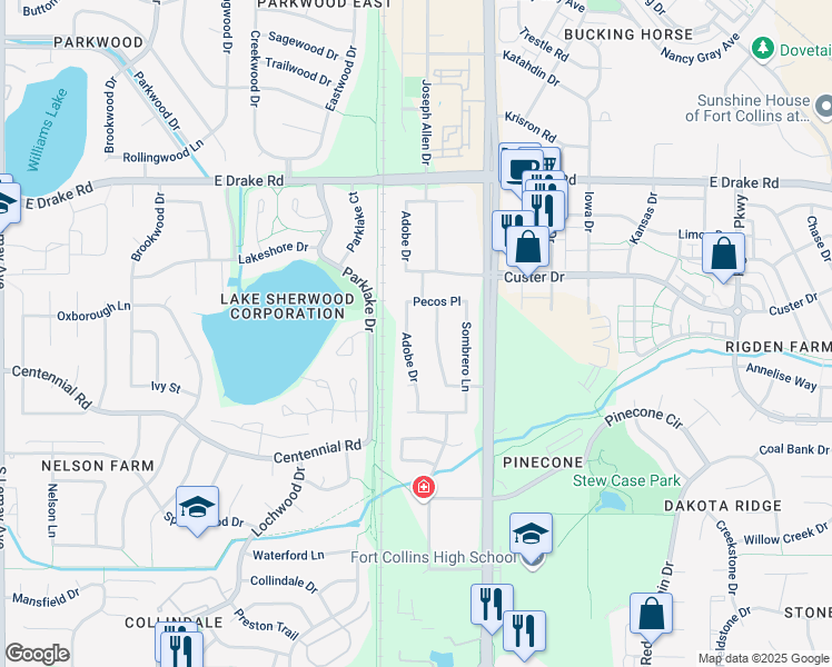 map of restaurants, bars, coffee shops, grocery stores, and more near 2900 Adobe Drive in Fort Collins