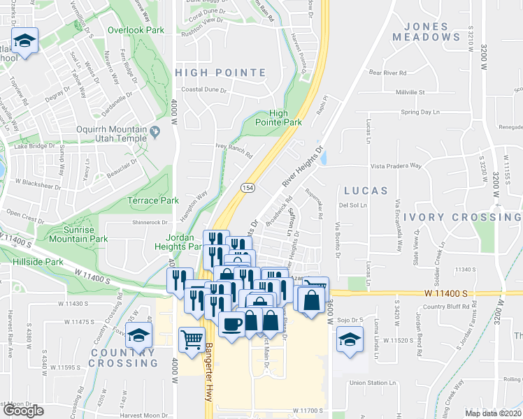 map of restaurants, bars, coffee shops, grocery stores, and more near 11189 River Heights Drive in South Jordan