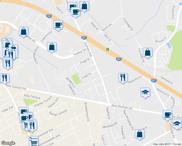 map of restaurants, bars, coffee shops, grocery stores, and more near 1325 Yurgel Drive in South Plainfield