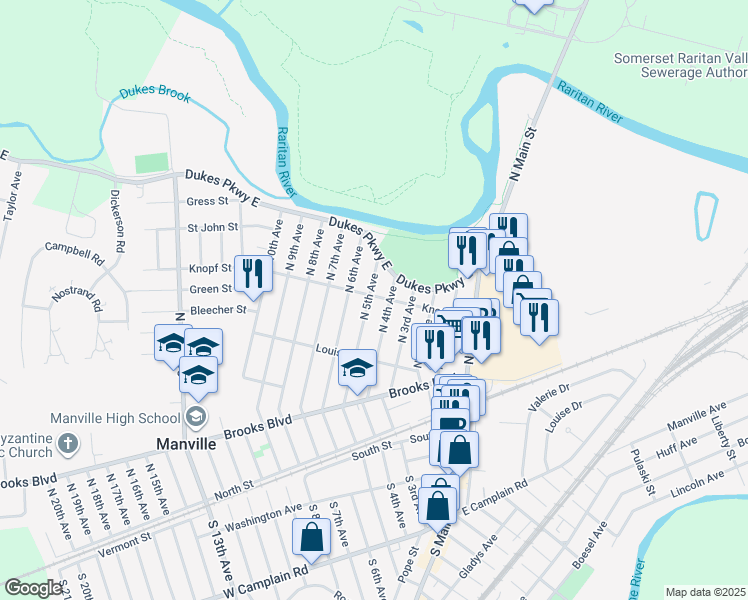 map of restaurants, bars, coffee shops, grocery stores, and more near 415 Knopf Street in Manville