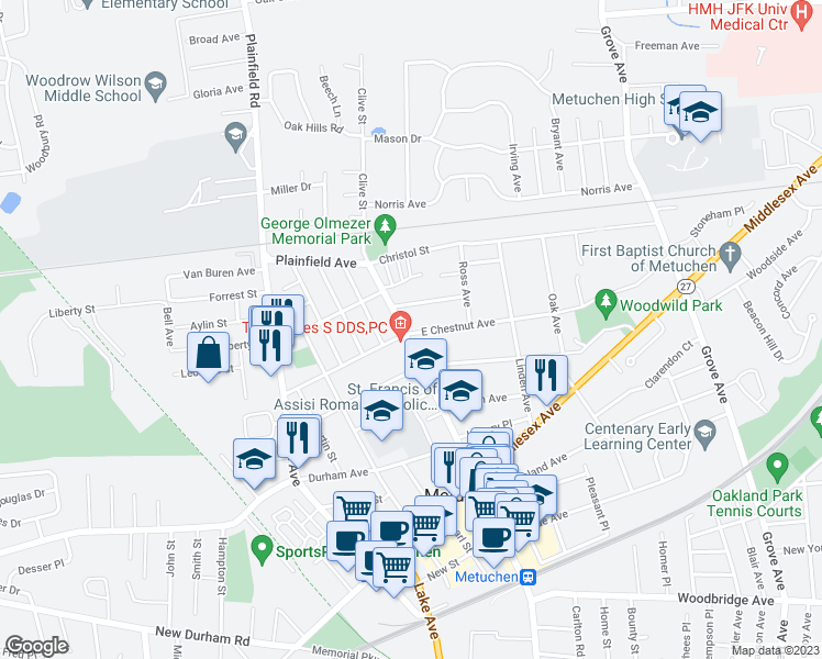 map of restaurants, bars, coffee shops, grocery stores, and more near 620 Main Street in Metuchen