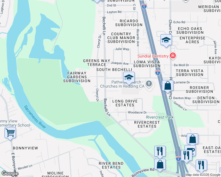 map of restaurants, bars, coffee shops, grocery stores, and more near 576 Rafael Street in Redding