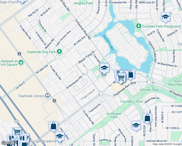 map of restaurants, bars, coffee shops, grocery stores, and more near 4929 Tydeman Way in South Jordan