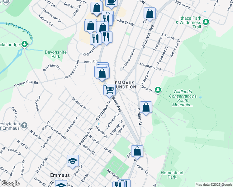 map of restaurants, bars, coffee shops, grocery stores, and more near 318 State Route 2002 in Emmaus