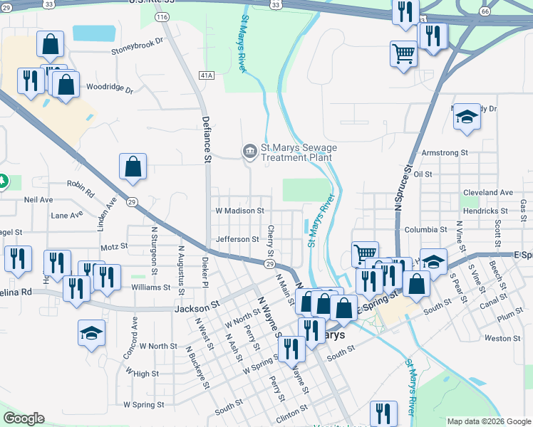 map of restaurants, bars, coffee shops, grocery stores, and more near 237 Cherry Street in Saint Marys
