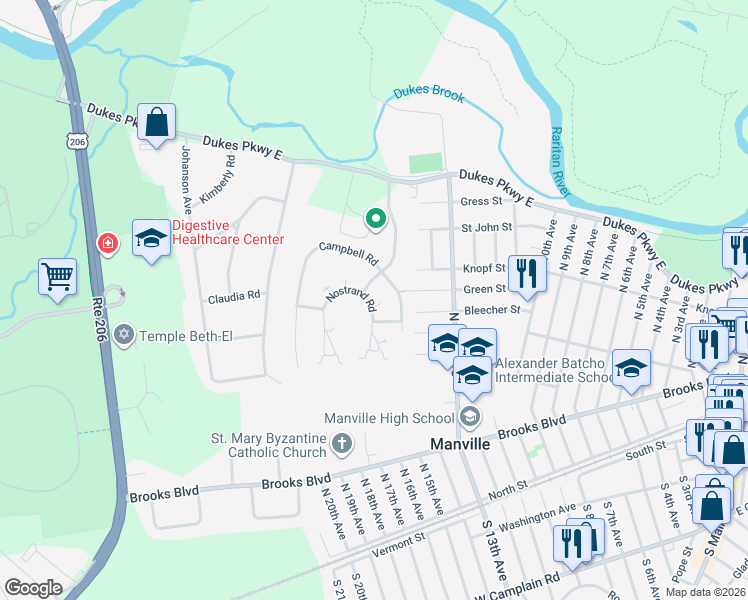 map of restaurants, bars, coffee shops, grocery stores, and more near 44 Nostrand Road in Somerset County