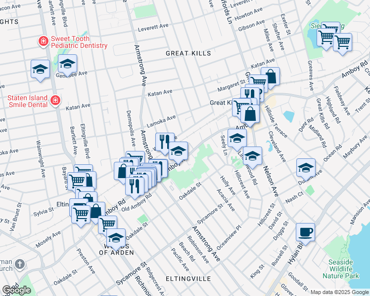 map of restaurants, bars, coffee shops, grocery stores, and more near 4207 Amboy Road in Staten Island