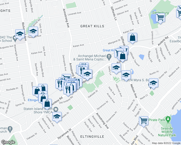 map of restaurants, bars, coffee shops, grocery stores, and more near 4207 Amboy Road in Staten Island