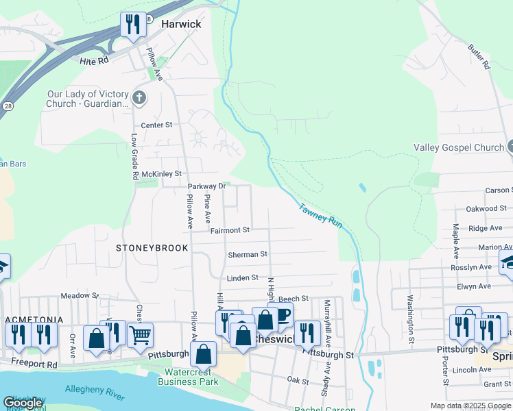 map of restaurants, bars, coffee shops, grocery stores, and more near 605 North Highland Avenue in Cheswick