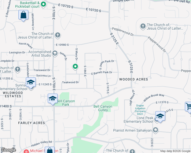 map of restaurants, bars, coffee shops, grocery stores, and more near 11193 Brandon Park Dr in Sandy