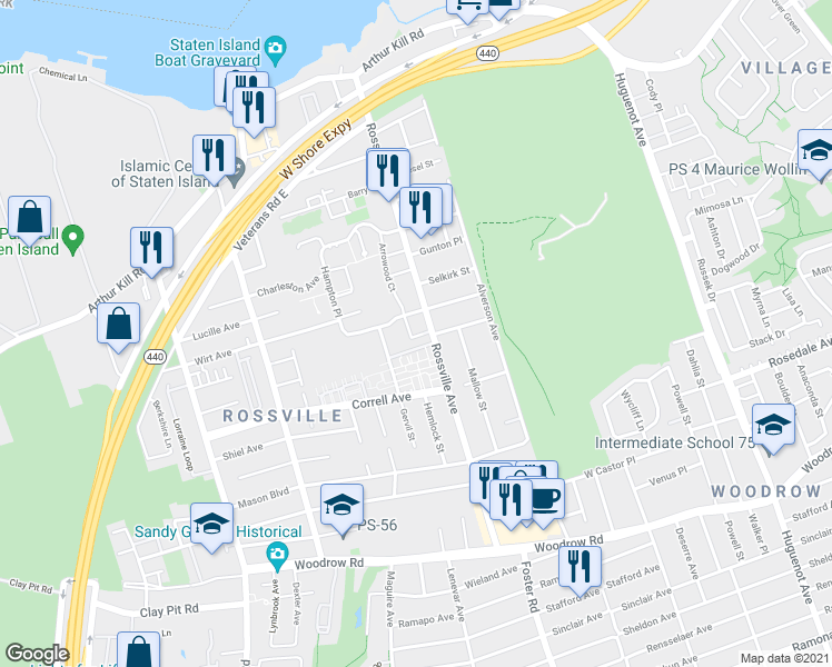 map of restaurants, bars, coffee shops, grocery stores, and more near 33 Acorn Court in Staten Island