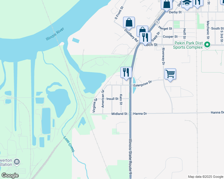 map of restaurants, bars, coffee shops, grocery stores, and more near 1806 Quaker Street in Pekin