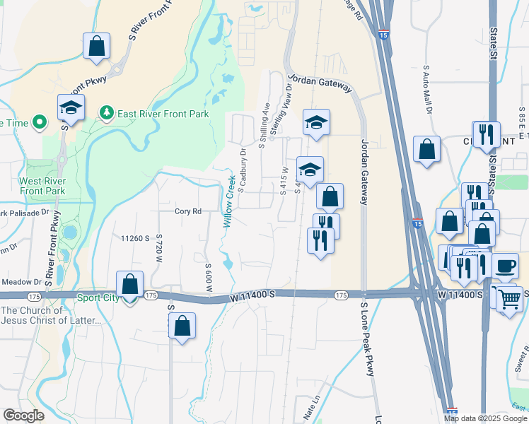 map of restaurants, bars, coffee shops, grocery stores, and more near 455 W Aspen Peak Drive in South Jordan