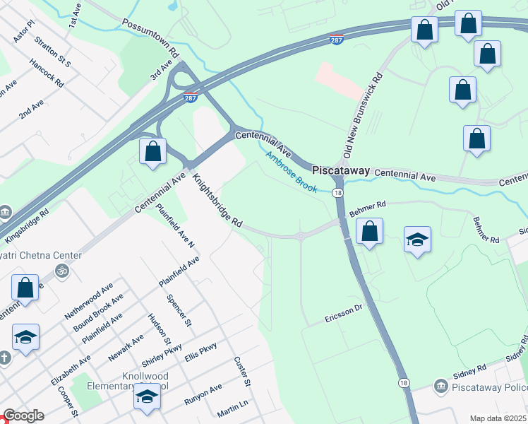 map of restaurants, bars, coffee shops, grocery stores, and more near 33 Knightsbridge Road in Piscataway Township