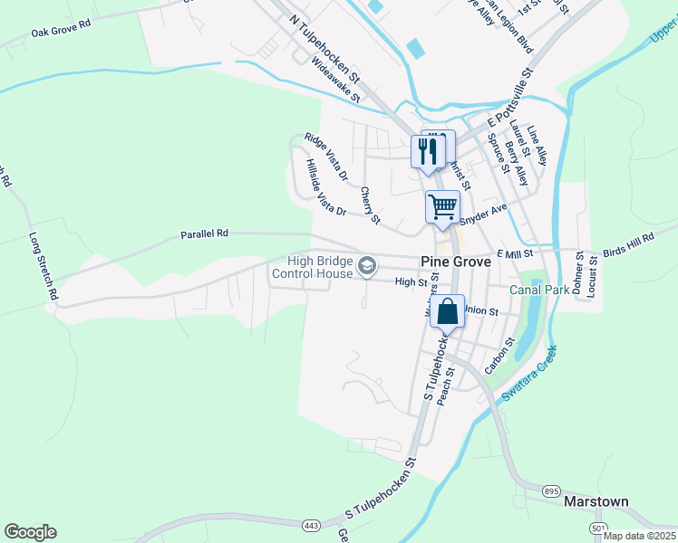 map of restaurants, bars, coffee shops, grocery stores, and more near 108 High Street in Pine Grove