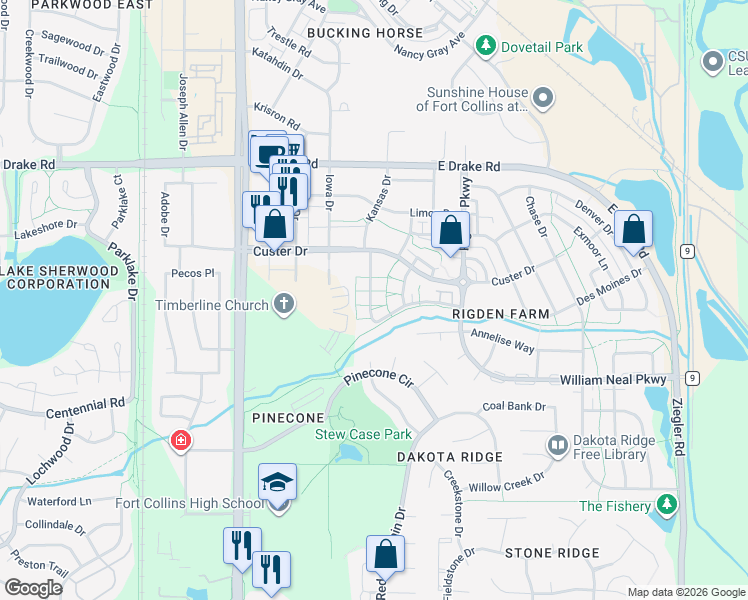 map of restaurants, bars, coffee shops, grocery stores, and more near 2862 Kansas Drive in Fort Collins