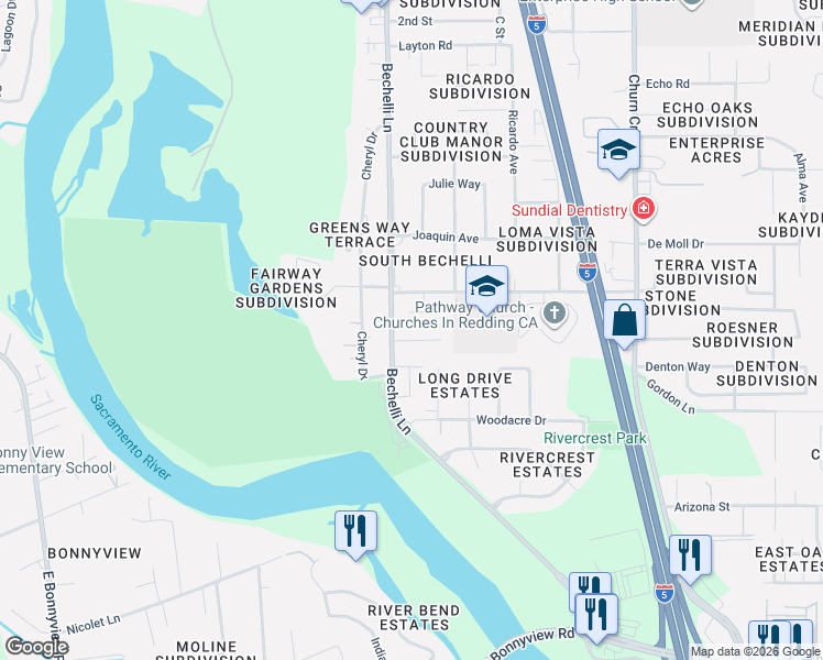 map of restaurants, bars, coffee shops, grocery stores, and more near 576 Rafael Street in Redding