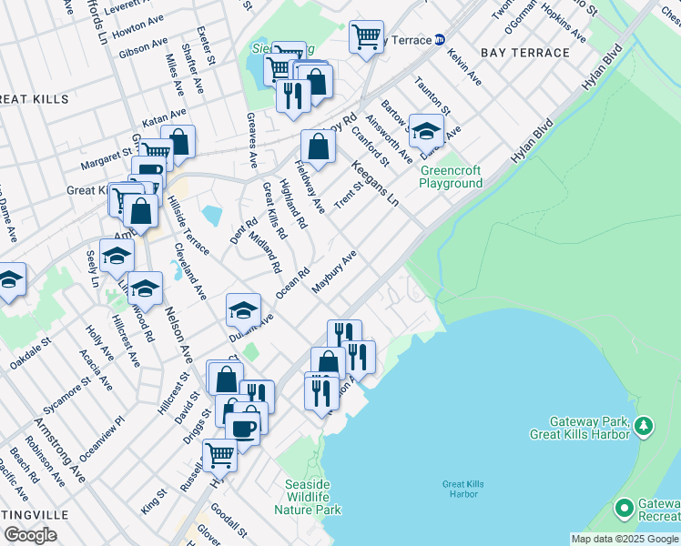 map of restaurants, bars, coffee shops, grocery stores, and more near 287 Maybury Avenue in Staten Island