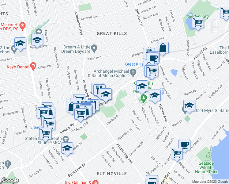 map of restaurants, bars, coffee shops, grocery stores, and more near 4182 Amboy Road in Staten Island