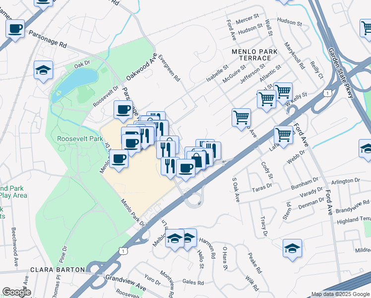 map of restaurants, bars, coffee shops, grocery stores, and more near 26 Judson Street in Edison