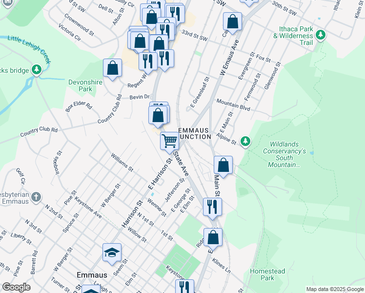 map of restaurants, bars, coffee shops, grocery stores, and more near 318 State Route 2002 in Emmaus