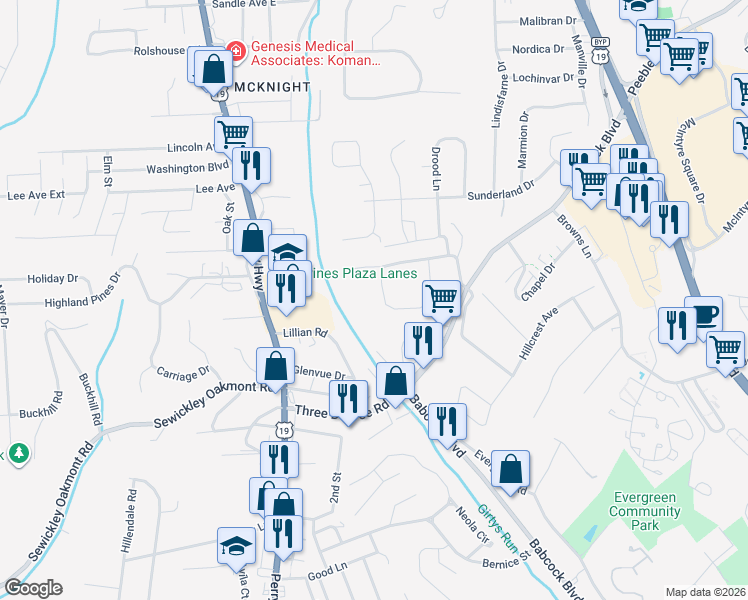 map of restaurants, bars, coffee shops, grocery stores, and more near 124 Circle Drive in Pittsburgh