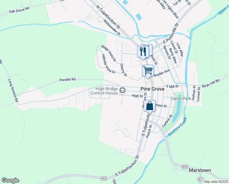 map of restaurants, bars, coffee shops, grocery stores, and more near 108 High Street in Pine Grove