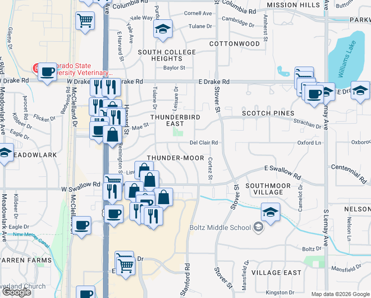 map of restaurants, bars, coffee shops, grocery stores, and more near 2912 Stanford Rd in Fort Collins