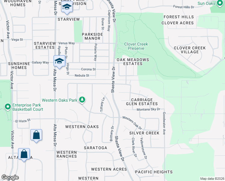 map of restaurants, bars, coffee shops, grocery stores, and more near 4039 Shasta View Drive in Redding