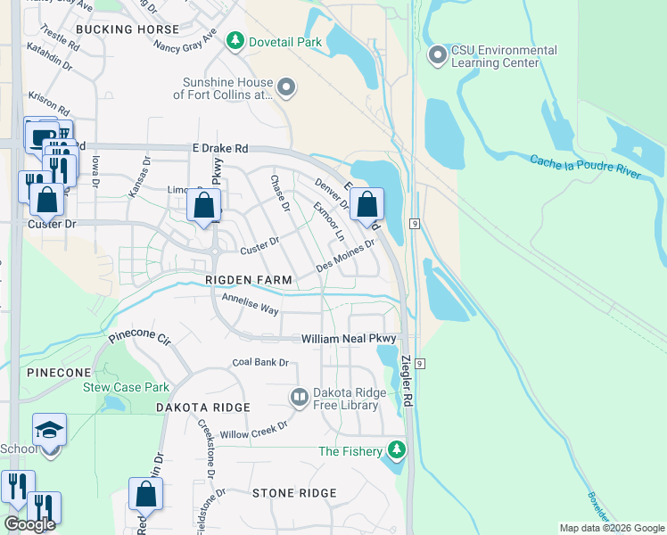 map of restaurants, bars, coffee shops, grocery stores, and more near 3003 Des Moines Drive in Fort Collins