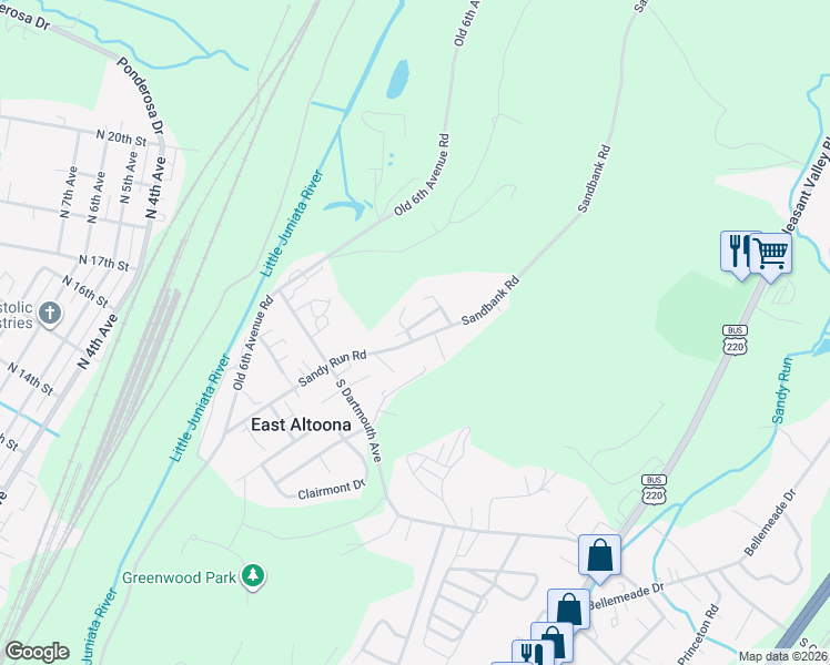 map of restaurants, bars, coffee shops, grocery stores, and more near 104 Foxglove Road in Altoona