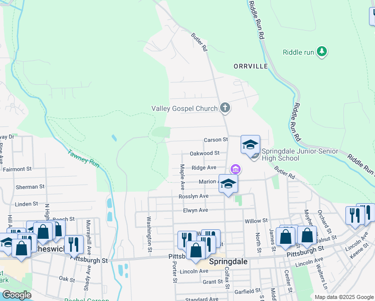 map of restaurants, bars, coffee shops, grocery stores, and more near 423 Oakwood Street in Springdale