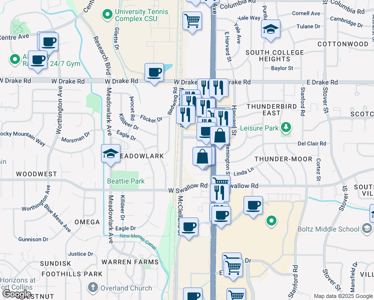 map of restaurants, bars, coffee shops, grocery stores, and more near 2832 McClelland Drive in Fort Collins
