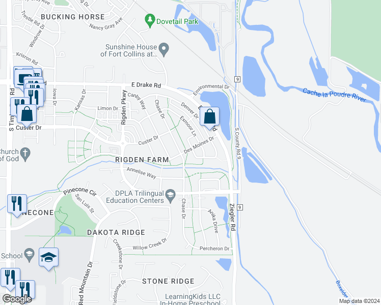 map of restaurants, bars, coffee shops, grocery stores, and more near 2851 Breton Way in Fort Collins