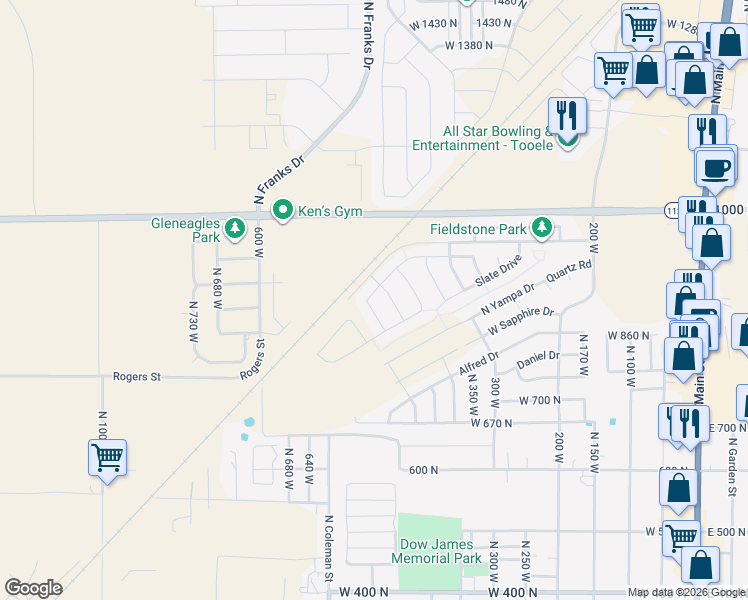 map of restaurants, bars, coffee shops, grocery stores, and more near 492 Diamant Lane in Tooele