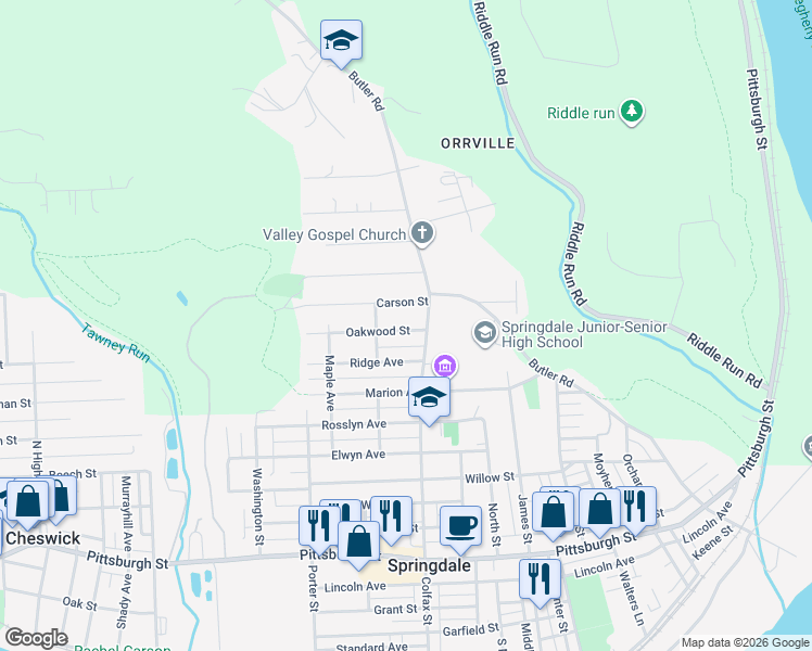 map of restaurants, bars, coffee shops, grocery stores, and more near 531 Oakwood Street in Springdale