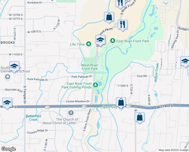 map of restaurants, bars, coffee shops, grocery stores, and more near South River Front Parkway in South Jordan